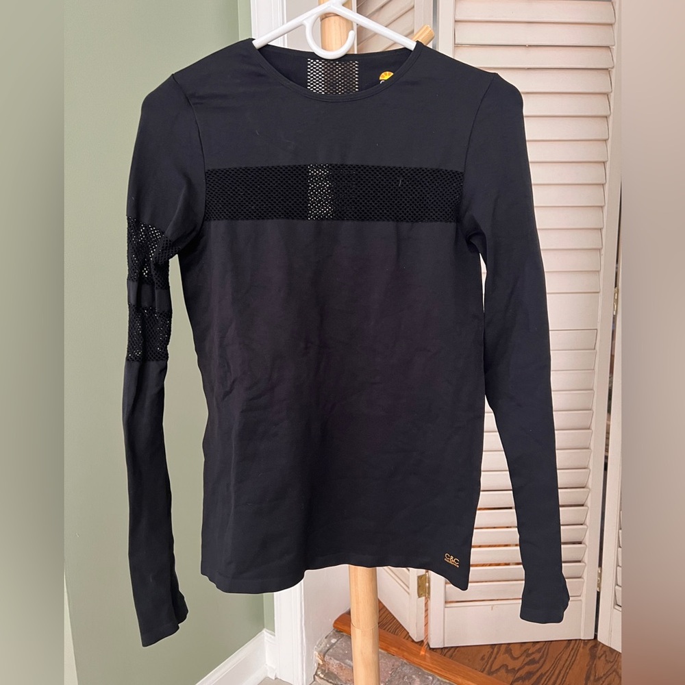 C & C California Black Mesh Accent Long Sleeve Performance Top Size SMALL